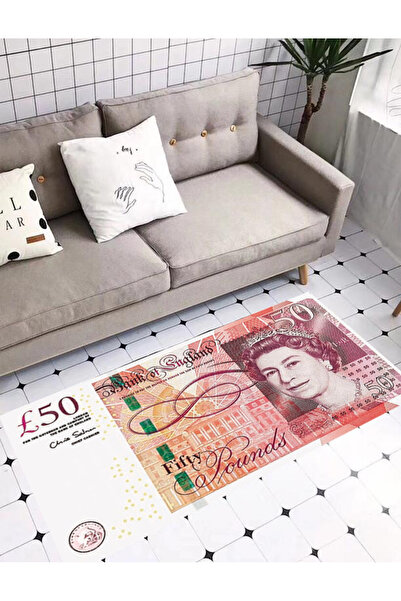 Emiroğlu Gerçek 50 Pound - Sterlin Şeklinde Makinede Yıkanabilir Süngerli Yüzey Kaymaz Dot Taban Halı