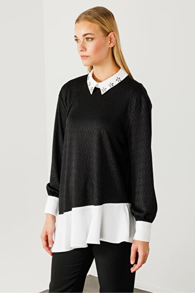 Moda İlgi Modailgi Etek Ucu Volanlı Erkek Yaka Tunik Siyah