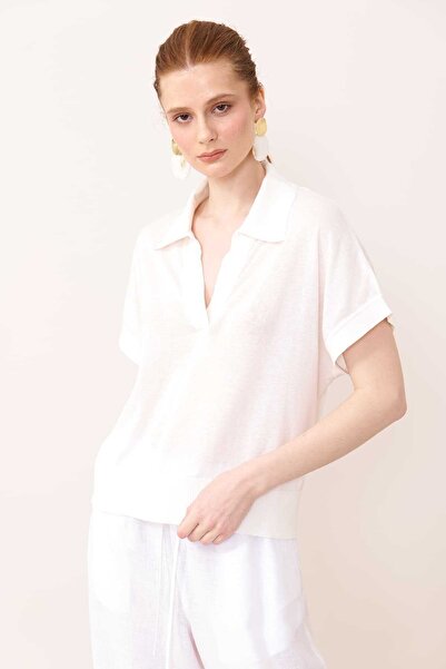 Roman Polo Yaka Triko Kısa Kollu Bluz Ekru Y2471025_049