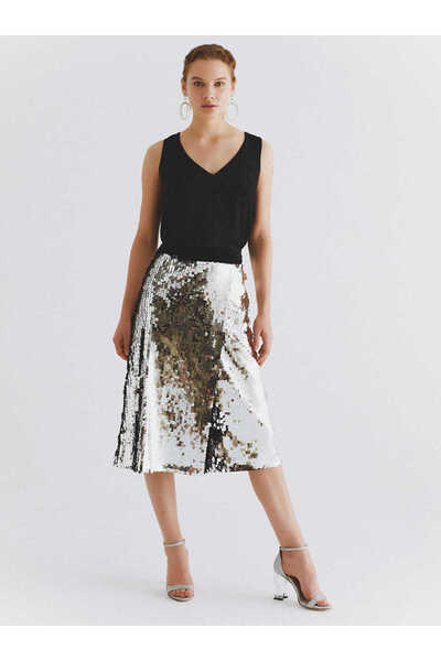 Roman Payetli Midi Gümüş Etek Gümüş K2015051_078