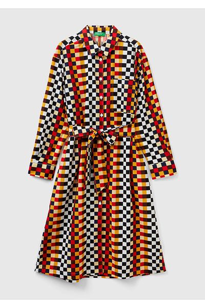 United Colors of Benetton Women's Colorful Colorful Checkerboard Print Shirt Collar Poplin Dress