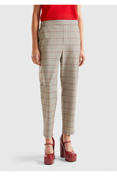 United Colors of Benetton Beige Plaid Women's Trousers - Elastic Waist
