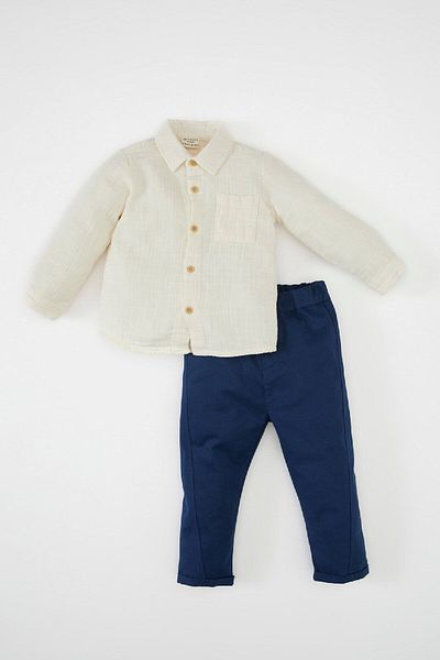 DeFacto Set of 2 Muslin Shirt and Elastic Pants for Baby Boy - D3356A524Wn