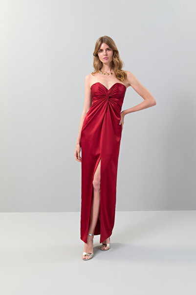 Roman Önü Drapeli Ve Derin Yırtmaçlı Straplez Maksi Boy Elbise Bordo K2511336...
