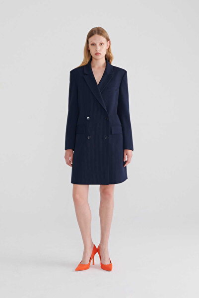 Roman Çizgili Uzun Kadın Ceket Lacivert K2316050_015