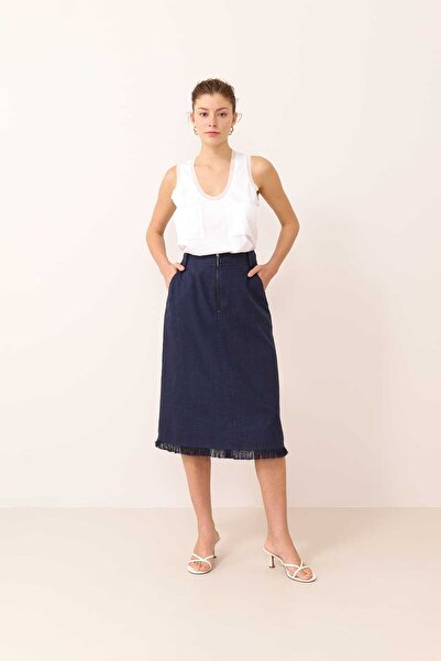 Roman Fermuar Detaylı Cepli Midi Boy Etek Lacivert Y2315008_015