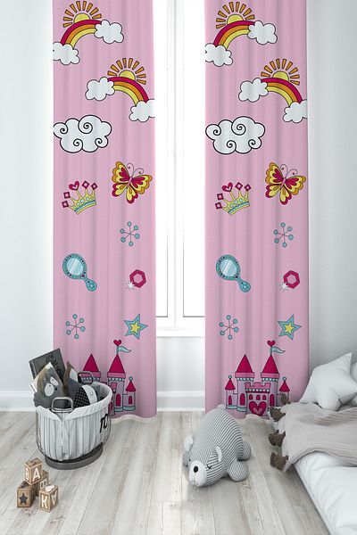 BAMBAŞKA MODA Baby and Children's Room Pink 2-Wing Background Curtain with Rainbow and Cloud Pattern Ybp-8267