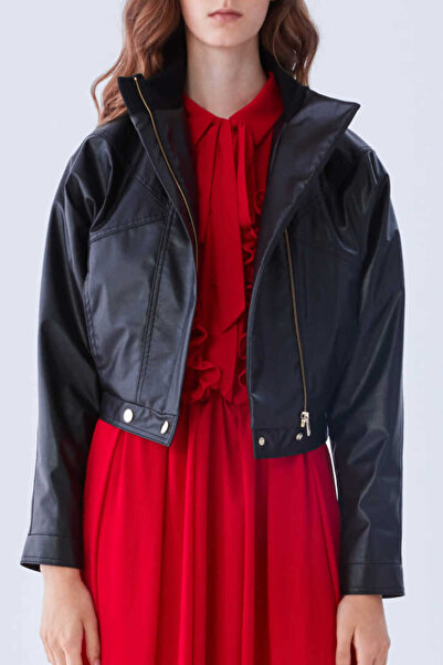 Roman Deri Görünümlü Kısa Ceket Siyah Y2117508_001