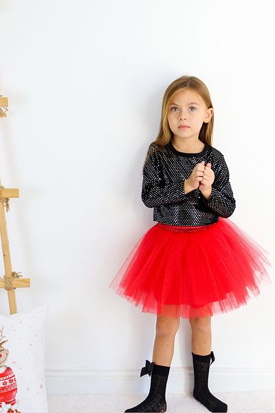 Monila Girls' Shiny Long Sleeve Top and Tutu Skirt Christmas Set