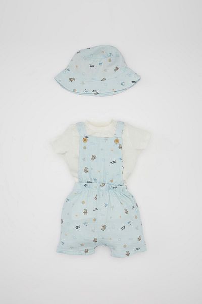 DeFacto Bedrucktes 3-teiliges Musselin-Set für Babys - Kurzarm-T-Shirt, Latzhose, Mütze C8822a524hs