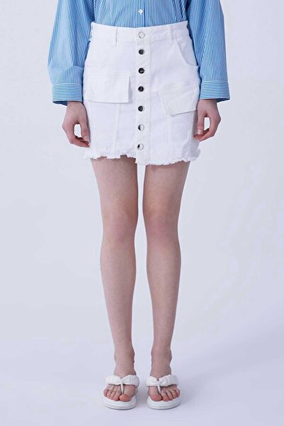 Roman Cep Detaylı Önü Düğmeli Beyaz Denim Mini Etek Beyaz Y2153902_002