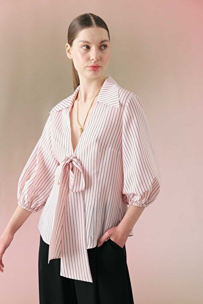 Roman Önden Bağlamalı Balon Kol Çizgili Gömlek Standart Renk Y2413529_089