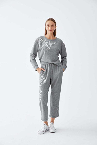 Roman Taş Detaylı Kadın Eşofman Altı Gri K2254107_004