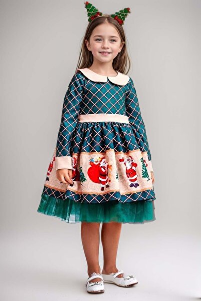 Riccotarz فستان بناتي منقوش بتفاصيل سانتا كلوز مطبوع عليه طية صدر السترة بالل...