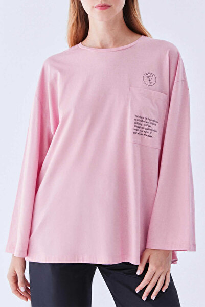 Roman Cep Detaylı Uzun Kol Kadın Tişört Pembe Y2154923_038