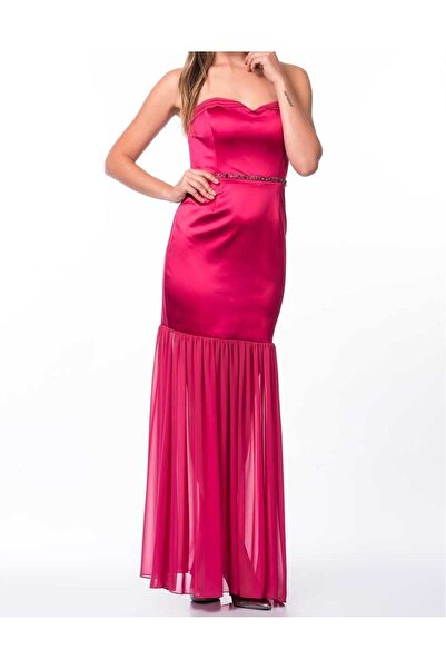 Roman Straplez Taşlı Tül Detaylı Uzun Elbise Fuşya K1311314_003