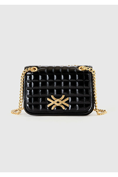 United Colors of Benetton Kadın Siyah Suni Deri Logolu Küçük Çanta