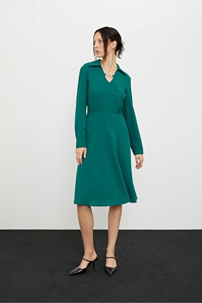 Roman Gold Aksesuarlı Crep Midi Elbise Yeşil K2411009_012