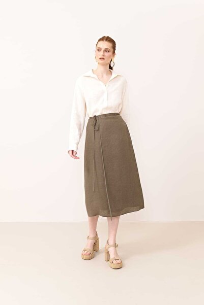Roman Kruvaze Bağlamalı Midi Boy Keten Etek Haki Y2415046_023