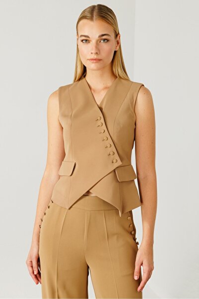 Moda İlgi Modailgi  Kruvaze Kapamalı Düğme Detaylı Kısa Yelek Camel