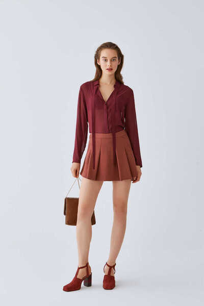 Roman Piliseli Etekli Şort Kahve K2012605_005