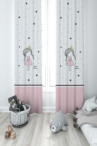BAMBAŞKA MODA Baby and Children's Room Princess Girl with Braided Hair Pattern 2 Wings Background Curtain Ybp-8147
