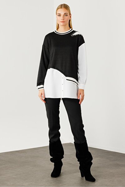 Moda İlgi Modailgi Ribana Detaylı Asimetrik Tunik Siyah