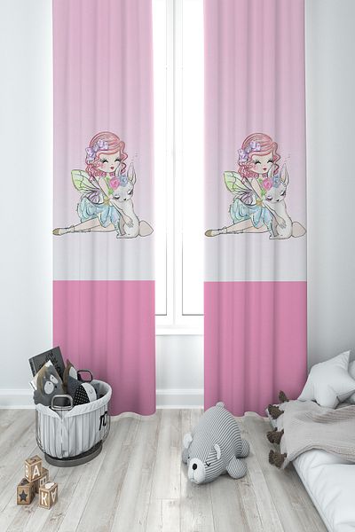 BAMBAŞKA MODA Baby and Children's Room Princess Girl and Sweet Cat Pattern 2 Wings Background Curtain Ybp-8328