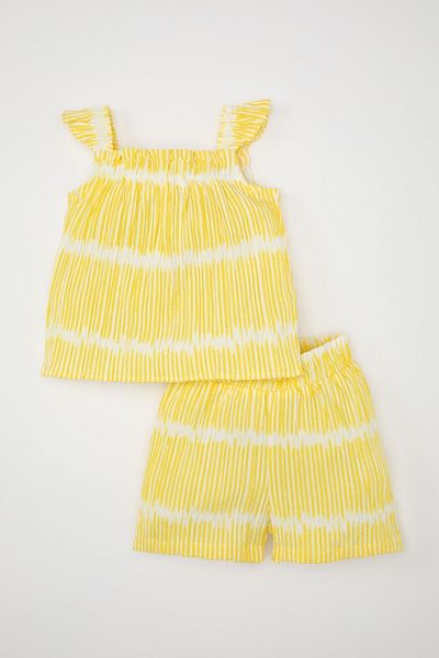 DeFacto 2-teiliges Set für Babys, Mädchen, gestreift, Crinkle-Träger, Bluse, elastische Taille, Shorts, Unterteil C9482a524sm