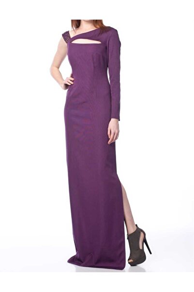 Roman Taş Detaylı Tek Omuz Uzun Elbise Mürdüm K1511066_007