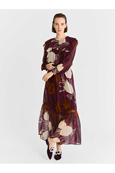 Roman Yakası Volanlı Uzun Desenli Şifon Elbise Standart Renk K2011073_089