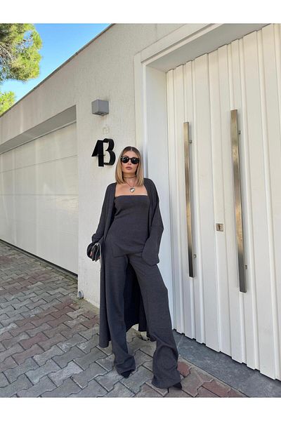 FMN Moda Pinterest Equivalent - Triple Knitwear Set with Stretchy Strapless Slit Blouse, Long Cardigan and Loose Leg Pants