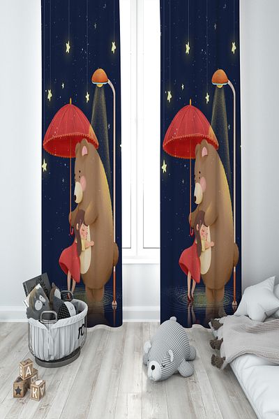 BAMBAŞKA MODA Baby and Children's Room Cute Teddy Bear Pattern 2 Wings Background Curtain Ybp-8032