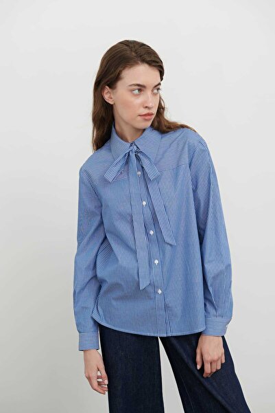 Roman Yakası Fularlı Çizgili Poplin Gömlek Standart Renk K2413553_089