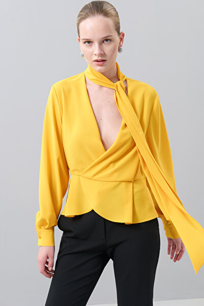 Roman Kruvaze Yaka Kendinden Fularlı Bluz Sarı K2513019_009