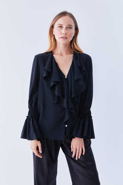 Roman %100 İpek Kol Ve Yakası Volan Detaylı Gömlek Siyah K2213553_001