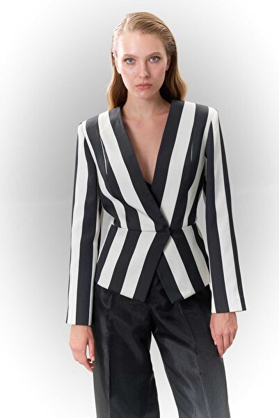 Roman Çizgili Kruvaze Belden Oturtmalı Tafta Ceket Siyah-Ekru K2516029_118