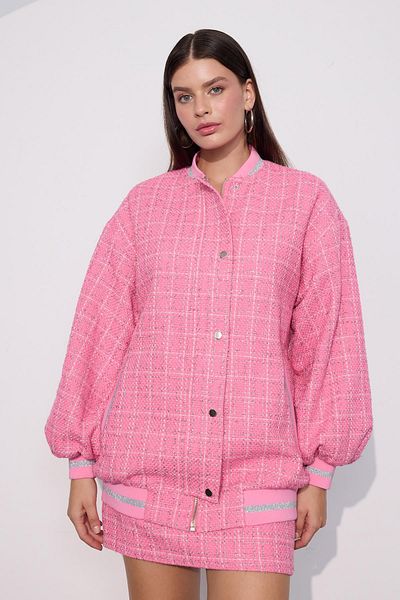 NOK İSTANBUL Pink Tweed Royale Glitter Bomber Jacket