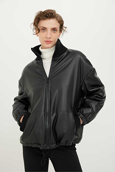 Roman Ribana Yakalı Deri Mont Siyah K2317503_001