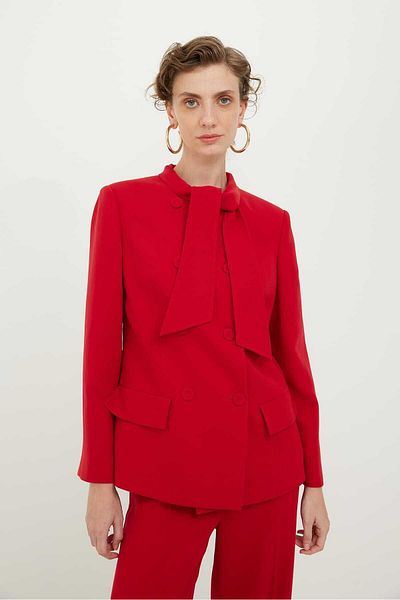 Roman Crepe Jacket with Tie Collar Detail Red K2416047_006
