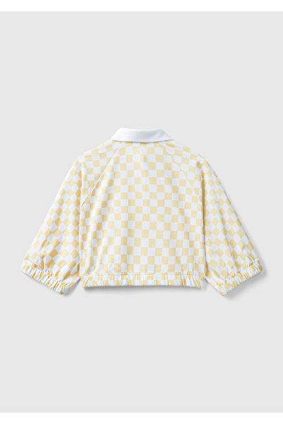 United Colors of Benetton Kadın Sarı Dama Desenli Kısa Kollu Crop Koton Gömlek