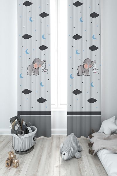 BAMBAŞKA MODA Baby and Children's Room 2 Wings Background Curtain with Elephant and Rabbit Pattern Ybp-8120