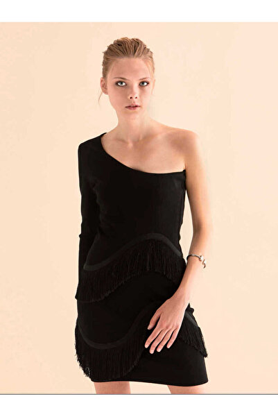 Roman Tek Omuz Püskül Detaylı Triko Mini Elbise Siyah K1971037_001
