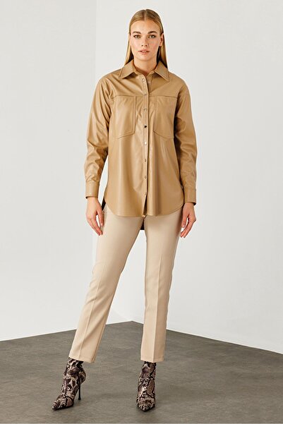 Moda İlgi Modailgi  Düşük Omuzlu Deri Gömlek Camel