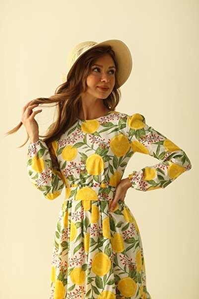 KÜÇÜĞÜM BUTİK Tesettür Limon Desenli Kat Kat Elbise