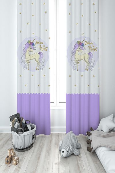BAMBAŞKA MODA Baby and Children's Room Starry Blue Unicorn Pattern 2 Wings Background Curtain Ybp-8254