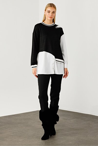 Moda İlgi Modailgi Ribana Detaylı Asimetrik Tunik Siyah