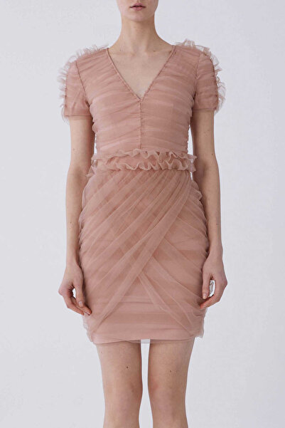 Roman Kısa Kol Drapeli Tül Abiye Elbise Pudra Y2111313_055
