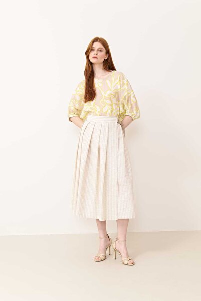 Roman Kemerli Kruvaze Keten Midi Etek Standart Renk Y2415018_089