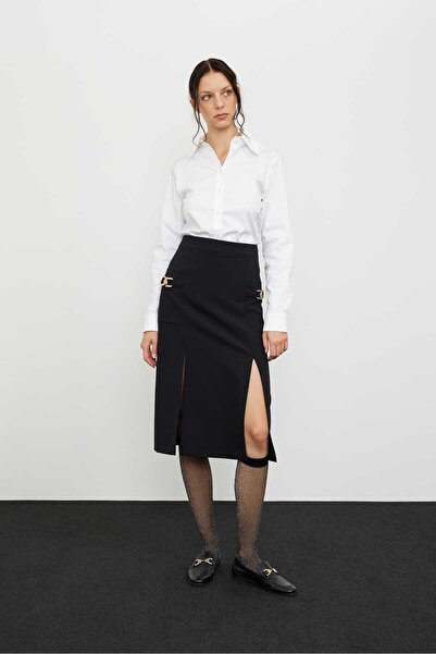 Roman Aksesuar Detaylı Diz Altı Etek Siyah K2415013_001